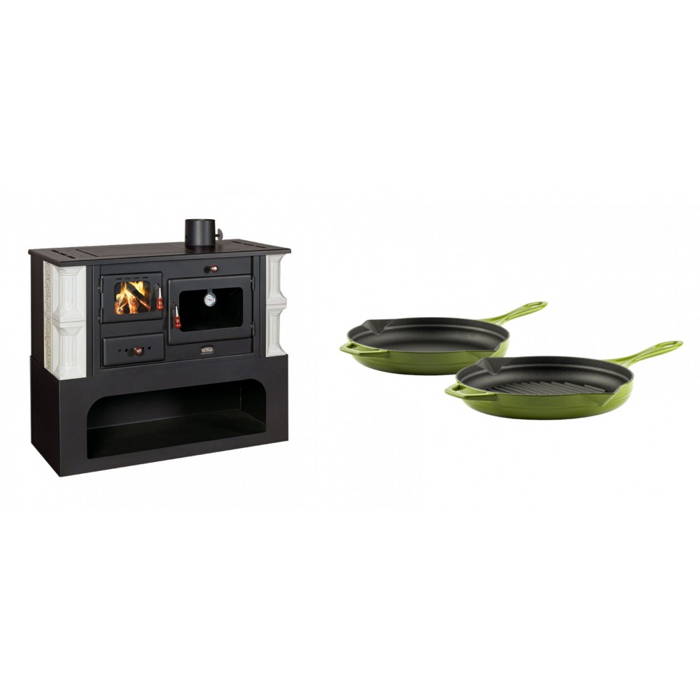 Set Küchenofen / Küchenhexe mit Backofen und Kochplatte Prity, Modell 1P34-K Dantela Rechts, Keramikverkleidung, Leistung 10.1kW + Gusseisen Topf Set aus 2 teilen Solagio, Bamboo | Kaminofen - Holzofen mit Backfach | Kaminofen |