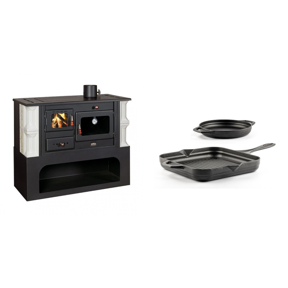 Set Küchenofen / Küchenhexe mit Backofen und Kochplatte Prity, Modell 1P34-K Dantela Rechts, Keramikverkleidung, Leistung 10.1kW + Gusseisen Topf Set aus 2 teilen Solagio, Black Onyx