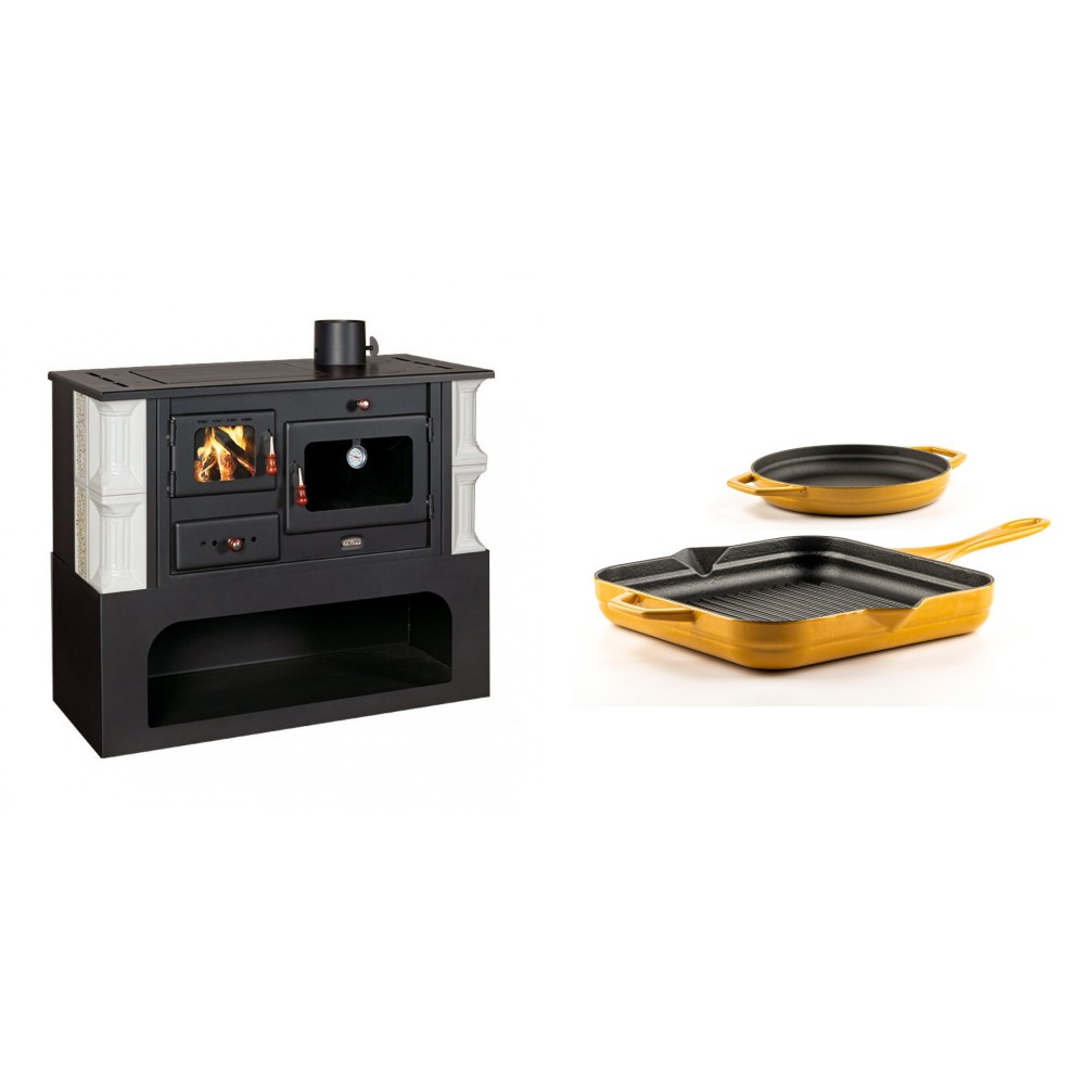 Set Küchenofen / Küchenhexe mit Backofen und Kochplatte Prity, Modell 1P34-K Dantela Rechts, Keramikverkleidung, Leistung 10.1kW + Gusseisen Topf Set aus 2 teilen Solagio, Dijon