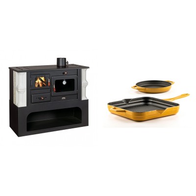 Set Küchenofen / Küchenhexe mit Backofen und Kochplatte Prity, Modell 1P34-K Dantela Rechts, Keramikverkleidung, Leistung 10.1kW + Gusseisen Topf Set aus 2 teilen Solagio, Dijon - Kaminofen - Holzofen mit Backfach