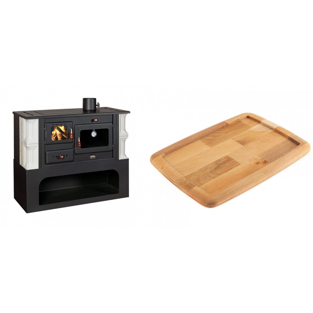 Set Küchenofen / Küchenhexe mit Backofen und Kochplatte Prity, Modell 1P34-K Dantela Rechts, Keramikverkleidung, Leistung 10.1kW + Holz untersetzer für gusseisenplatte Solagio HSST2131