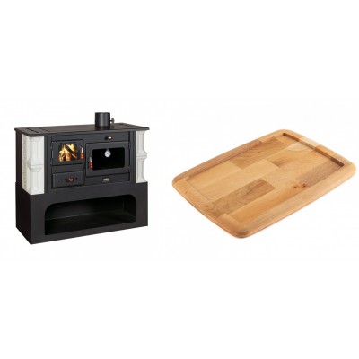 Set Küchenofen / Küchenhexe mit Backofen und Kochplatte Prity, Modell 1P34-K Dantela Rechts, Keramikverkleidung, Leistung 10.1kW + Holz untersetzer für gusseisenplatte Solagio HSST2131 - Kaminofen - Holzofen mit Backfach