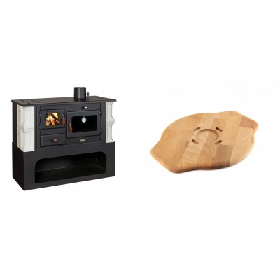 Set Küchenofen / Küchenhexe mit Backofen und Kochplatte Prity, Modell 1P34-K Dantela Rechts, Keramikverkleidung, Leistung 10.1kW + Holz untersetzer für Gusseisenplatte Solagio HSYSAK28 - Kaminofen - Holzofen mit Backfach