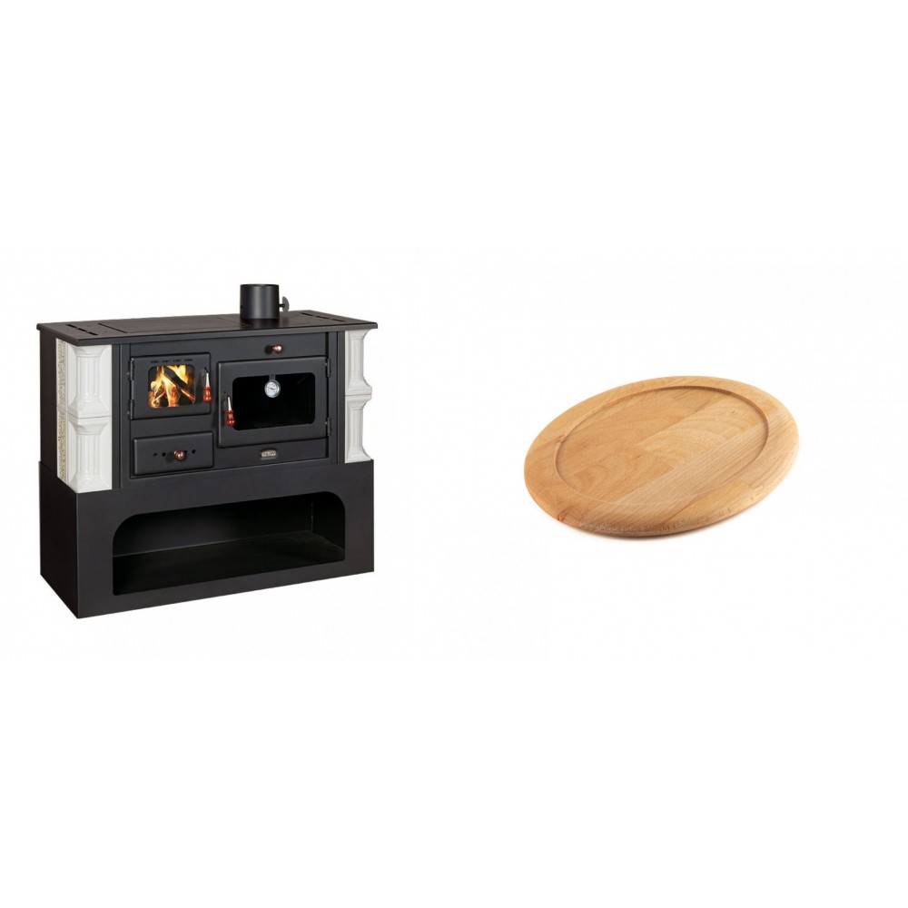 Set Küchenofen / Küchenhexe mit Backofen und Kochplatte Prity, Modell 1P34-K Dantela Rechts, Keramikverkleidung, Leistung 10.1kW + Holz untersetzer für ovale gusseisenpfanne Solagio HSFT1825 | Kaminofen - Holzofen mit Backfach | Kaminofen |
