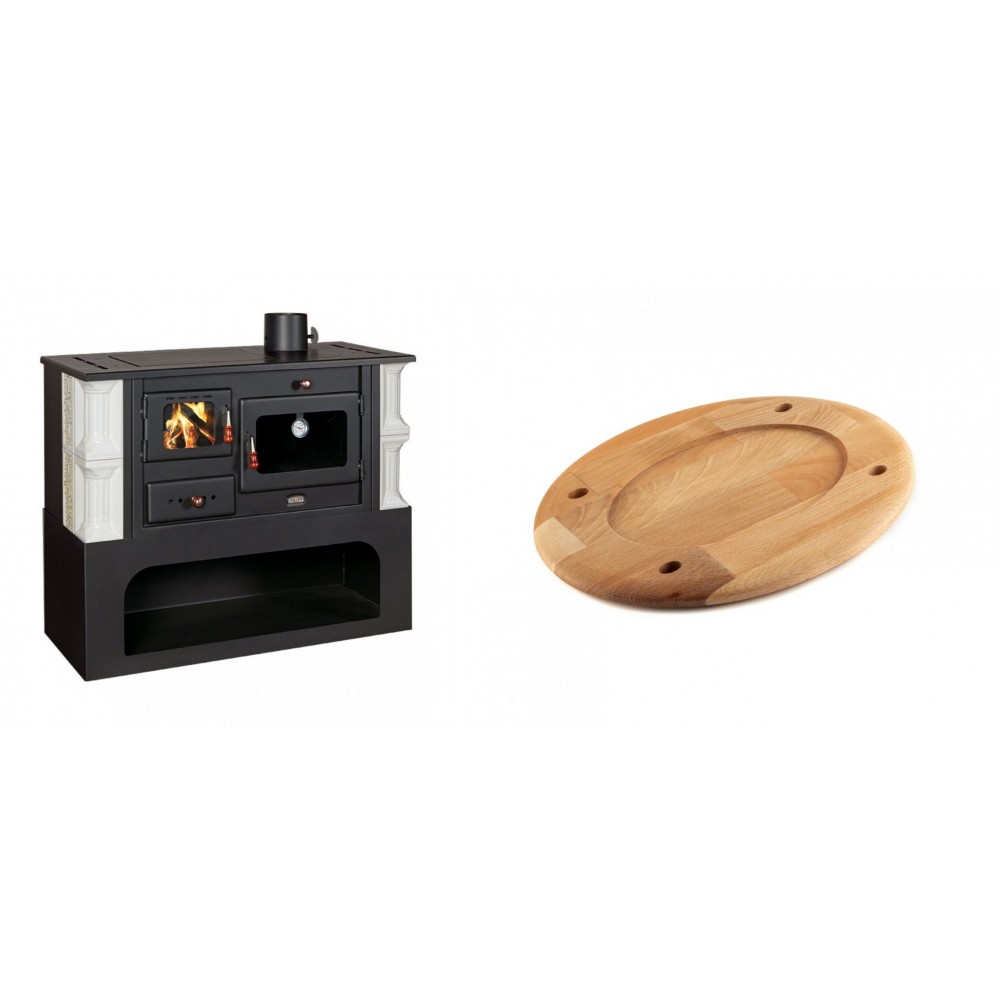 Set Küchenofen / Küchenhexe mit Backofen und Kochplatte Prity, Modell 1P34-K Dantela Rechts, Keramikverkleidung, Leistung 10.1kW + Holz untersetzer für ovale platte Solagio HSOISK2533, 25x33cm