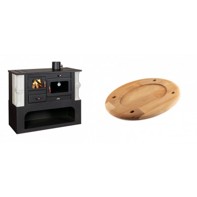 Set Küchenofen / Küchenhexe mit Backofen und Kochplatte Prity, Modell 1P34-K Dantela Rechts, Keramikverkleidung, Leistung 10.1kW + Holz untersetzer für ovale platte Solagio HSOISK2533, 25x33cm - Kaminofen - Holzofen mit Backfach