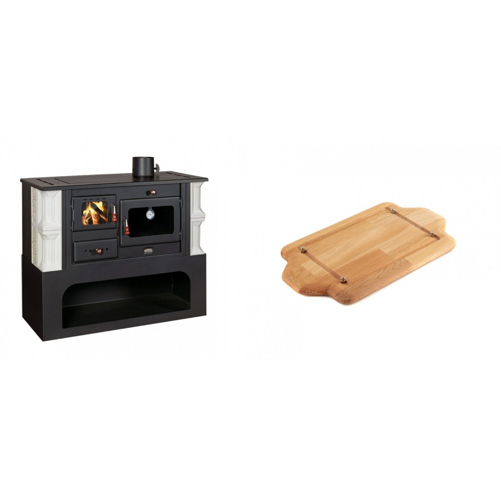 Set Küchenofen / Küchenhexe mit Backofen und Kochplatte Prity, Modell 1P34-K Dantela Rechts, Keramikverkleidung, Leistung 10.1kW + Holz untersetzer für mini-gusseisenplatte Solagio HSDDHP1522 | Kaminofen - Holzofen mit Backfach | Kaminofen |