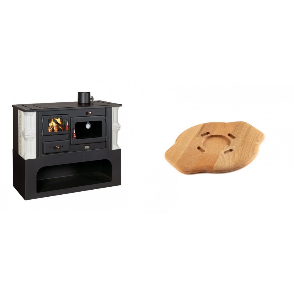 Set Küchenofen / Küchenhexe mit Backofen und Kochplatte Prity, Modell 1P34-K Dantela Rechts, Keramikverkleidung, Leistung 10.1kW + Holz untersetzer für gusseisenplatte Solagio HSYSAK20 | Kaminofen - Holzofen mit Backfach | Kaminofen |