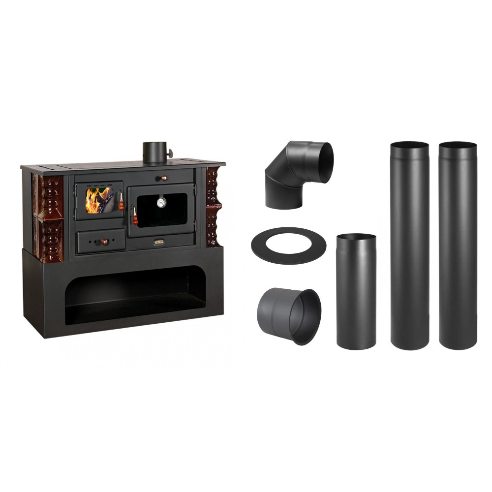 Set Küchenofen / Küchenhexe mit Backofen und Kochplatte Prity, Modell 1P34-K Maro Rechts, Keramikverkleidung, Leistung 10.1kW + Schornstein Bausatz PARKANEX, Stahl Ø130, Dicke 2mm