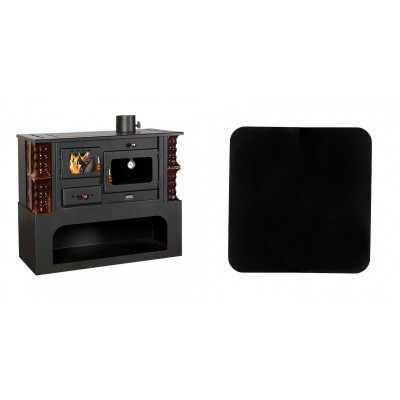 Set Küchenofen / Küchenhexe mit Backofen und Kochplatte Prity, Modell 1P34-K Maro Rechts, Keramikverkleidung, Leistung 10.1kW + Funkenschutzplatte Stahl 2mm, Größe 98x98cm - Kaminofen - Holzofen mit Backfach