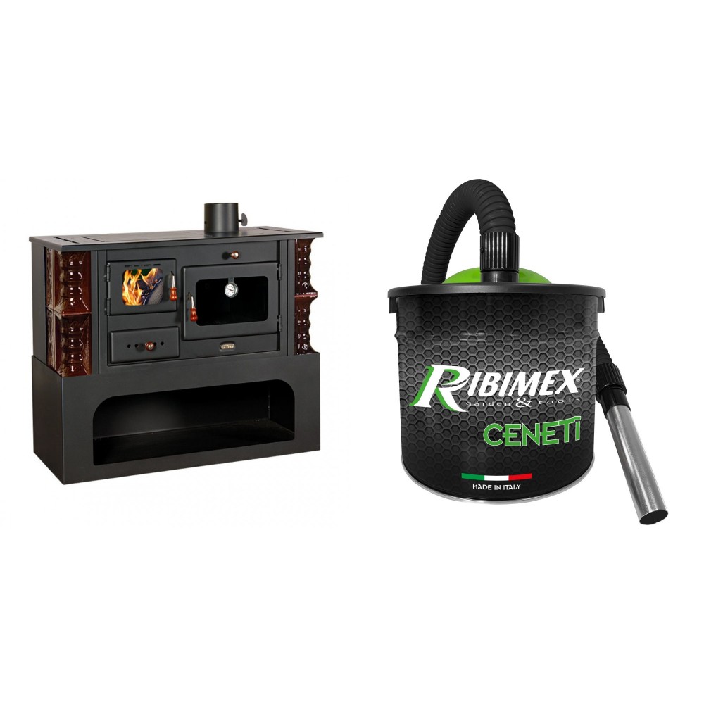 Set Küchenofen / Küchenhexe mit Backofen und Kochplatte Prity, Modell 1P34-K Maro Rechts, Keramikverkleidung, Leistung 10.1kW + Elektrischer Aschesauger Ribimex, Modell Cenetì, Fassungsvermögen 15 L | Küchenofen / Küchenhexe Prity | Kaminofen |