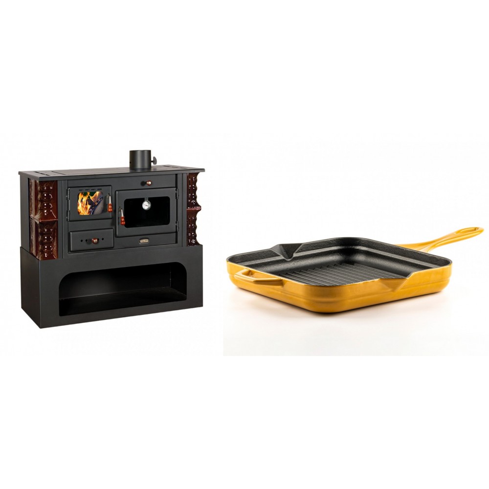 Set Küchenofen / Küchenhexe mit Backofen und Kochplatte Prity, Modell 1P34-K Maro Rechts, Keramikverkleidung, Leistung 10.1kW + Emaillierte grillpfanne Gusseisen Solagio, Dijon, 28х28cm | Kaminofen - Holzofen mit Backfach | Kaminofen |