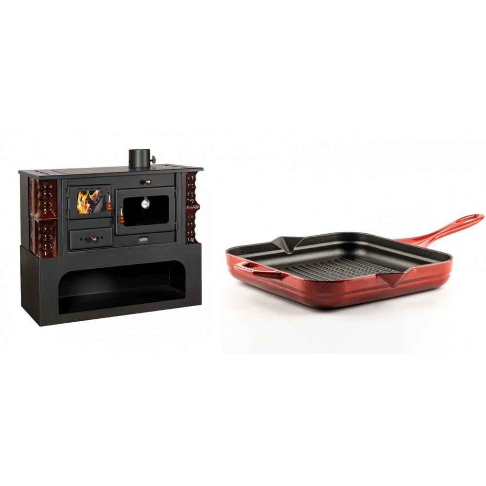 Set Küchenofen / Küchenhexe mit Backofen und Kochplatte Prity, Modell 1P34-K Maro Rechts, Keramikverkleidung, Leistung 10.1kW + Emaillierte grillpfanne Gusseisen Solagio, Rubin, 28x28cm