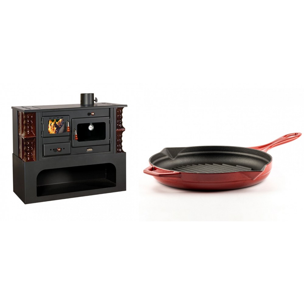 Set Küchenofen / Küchenhexe mit Backofen und Kochplatte Prity, Modell 1P34-K Maro Rechts, Keramikverkleidung, Leistung 10.1kW + Emaillierte grillpfanne Gusseisen Solagio, Rubin, Ф28cm