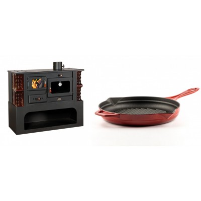 Set Küchenofen / Küchenhexe mit Backofen und Kochplatte Prity, Modell 1P34-K Maro Rechts, Keramikverkleidung, Leistung 10.1kW + Emaillierte grillpfanne Gusseisen Solagio, Rubin, Ф28cm - Kaminofen - Holzofen mit Backfach