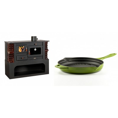 Set Küchenofen / Küchenhexe mit Backofen und Kochplatte Prity, Modell 1P34-K Maro Rechts, Keramikverkleidung, Leistung 10.1kW + Emaillierte grillpfanne Gusseisen Solagio, Bamboo, Ф28cm - Kaminofen - Holzofen mit Backfach