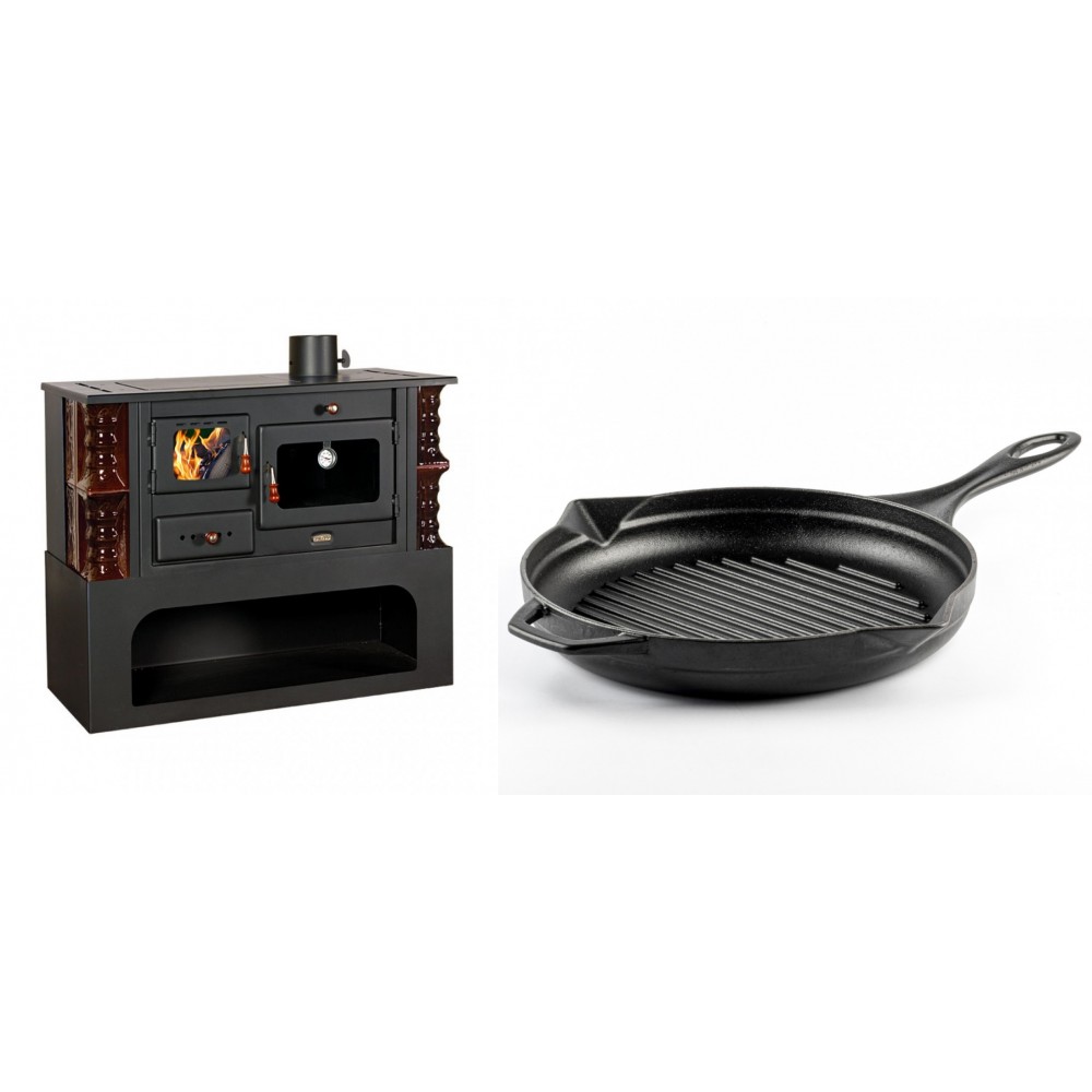 Set Küchenofen / Küchenhexe mit Backofen und Kochplatte Prity, Modell 1P34-K Maro Rechts, Keramikverkleidung, Leistung 10.1kW + Emaillierte grillpfanne Gusseisen Solagio, Black Onyx, Ф28cm