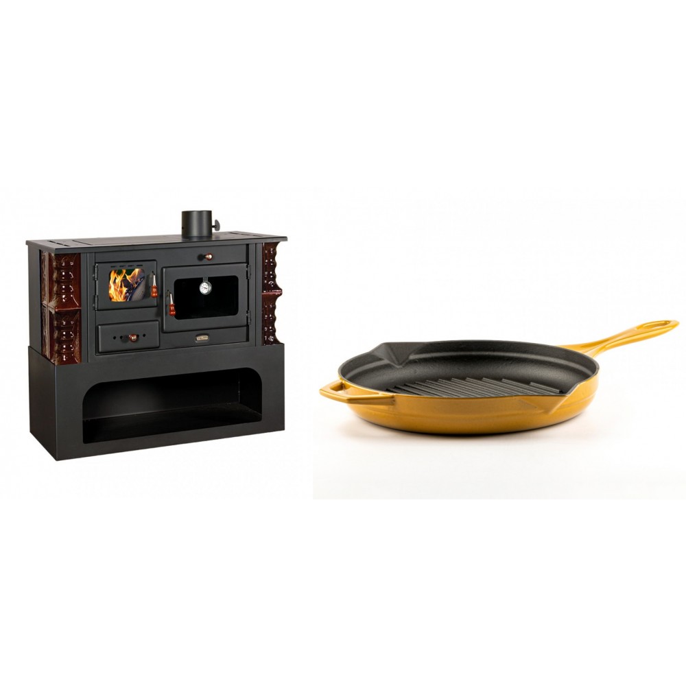 Set Küchenofen / Küchenhexe mit Backofen und Kochplatte Prity, Modell 1P34-K Maro Rechts, Keramikverkleidung, Leistung 10.1kW + Emaillierte grillpfanne Gusseisen Solagio, Dijon, Ф28cm