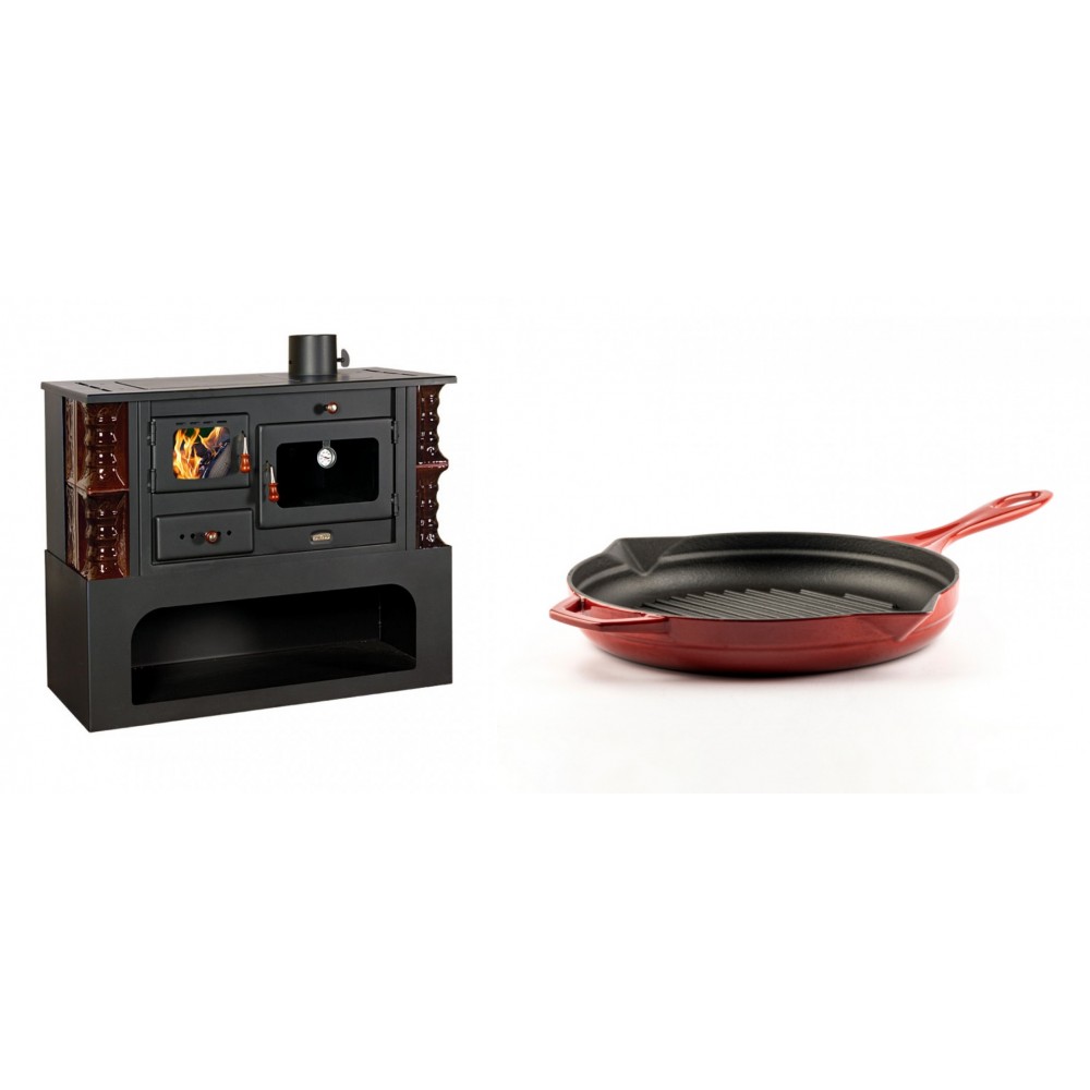 Set Küchenofen / Küchenhexe mit Backofen und Kochplatte Prity, Modell 1P34-K Maro Rechts, Keramikverkleidung, Leistung 10.1kW + Emaillierte grillpfanne Gusseisen Solagio, Rubin, Ф24cm