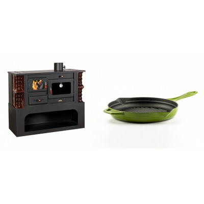 Set Küchenofen / Küchenhexe mit Backofen und Kochplatte Prity, Modell 1P34-K Maro Rechts, Keramikverkleidung, Leistung 10.1kW + Emaillierte grillpfanne Gusseisen Solagio, Bamboo, Ф24cm - Kaminofen - Holzofen mit Backfach