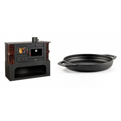 Set Küchenofen / Küchenhexe mit Backofen und Kochplatte Prity, Modell 1P34-K Maro Rechts, Keramikverkleidung, Leistung 10.1kW + Emaillierte gusseisenpfanne mit zwei Griffen Solagio, Black Onyx, Ф22cm - Kaminofen - Holzofen mit Backfach