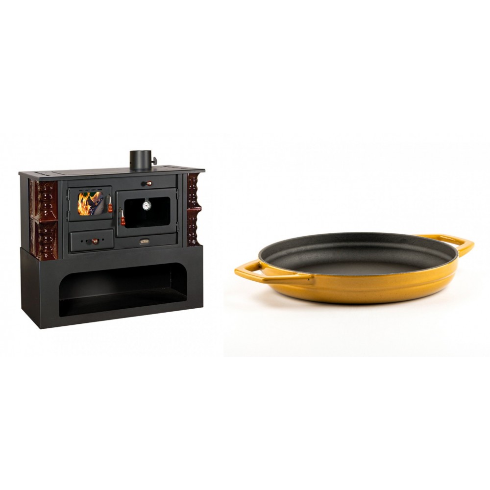 Set Küchenofen / Küchenhexe mit Backofen und Kochplatte Prity, Modell 1P34-K Maro Rechts, Keramikverkleidung, Leistung 10.1kW + Emaillierte gusseisenpfanne mit zwei Griffen Solagio, Dijon, Ф22cm