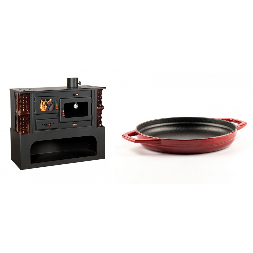 Set Küchenofen / Küchenhexe mit Backofen und Kochplatte Prity, Modell 1P34-K Maro Rechts, Keramikverkleidung, Leistung 10.1kW + Emaillierte gusseisenpfanne mit zwei Griffen Solagio, Rubin, Ф22cm