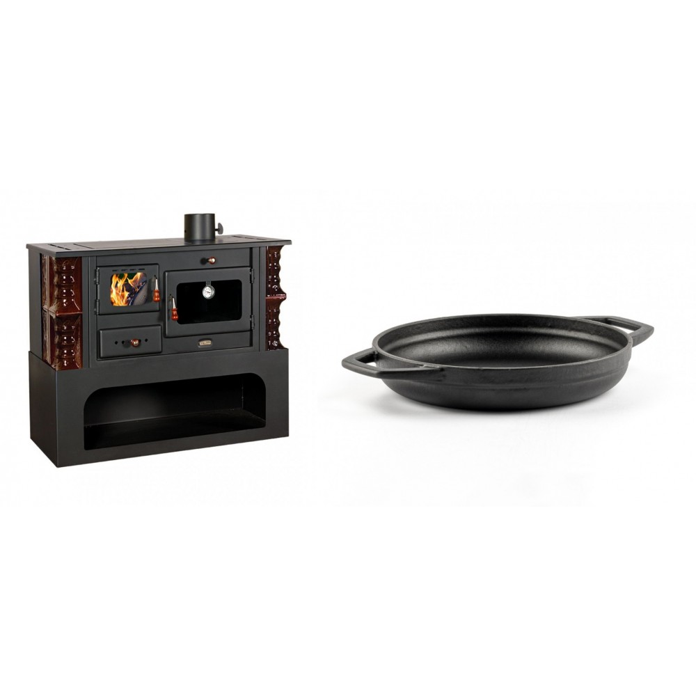 Set Küchenofen / Küchenhexe mit Backofen und Kochplatte Prity, Modell 1P34-K Maro Rechts, Keramikverkleidung, Leistung 10.1kW + Emaillierte gusseisenpfanne mit zwei Griffen Solagio, Black Onyx, Ф19cm