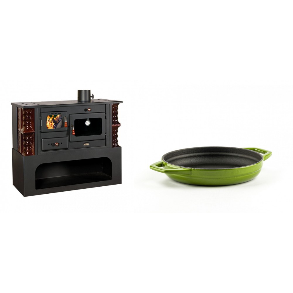 Set Küchenofen / Küchenhexe mit Backofen und Kochplatte Prity, Modell 1P34-K Maro Rechts, Keramikverkleidung, Leistung 10.1kW + Emaillierte gusseisenpfanne mit zwei Griffen Solagio, Bamboo, Ф16cm