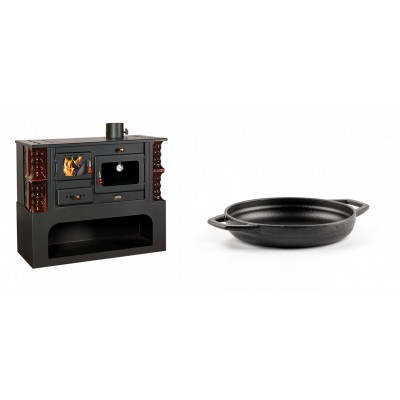 Set Küchenofen / Küchenhexe mit Backofen und Kochplatte Prity, Modell 1P34-K Maro Rechts, Keramikverkleidung, Leistung 10.1kW + Emaillierte gusseisenpfanne mit zwei Griffen Solagio, Black Onyx, Ф16cm - Kaminofen - Holzofen mit Backfach