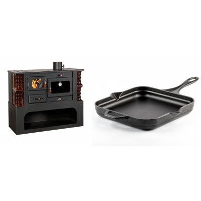 Set Küchenofen / Küchenhexe mit Backofen und Kochplatte Prity, Modell 1P34-K Maro Rechts, Keramikverkleidung, Leistung 10.1kW + Emaillierte Gusseisenpfanne Solagio, Black Onyx, 28x28cm - Kaminofen - Holzofen mit Backfach