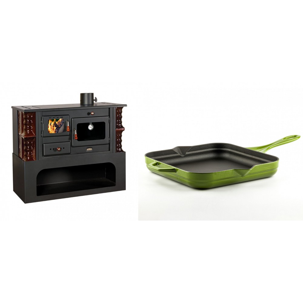 Set Küchenofen / Küchenhexe mit Backofen und Kochplatte Prity, Modell 1P34-K Maro Rechts, Keramikverkleidung, Leistung 10.1kW + Emaillierte Gusseisenpfanne Solagio, Bamboo, 28x28cm | Kaminofen - Holzofen mit Backfach | Kaminofen |