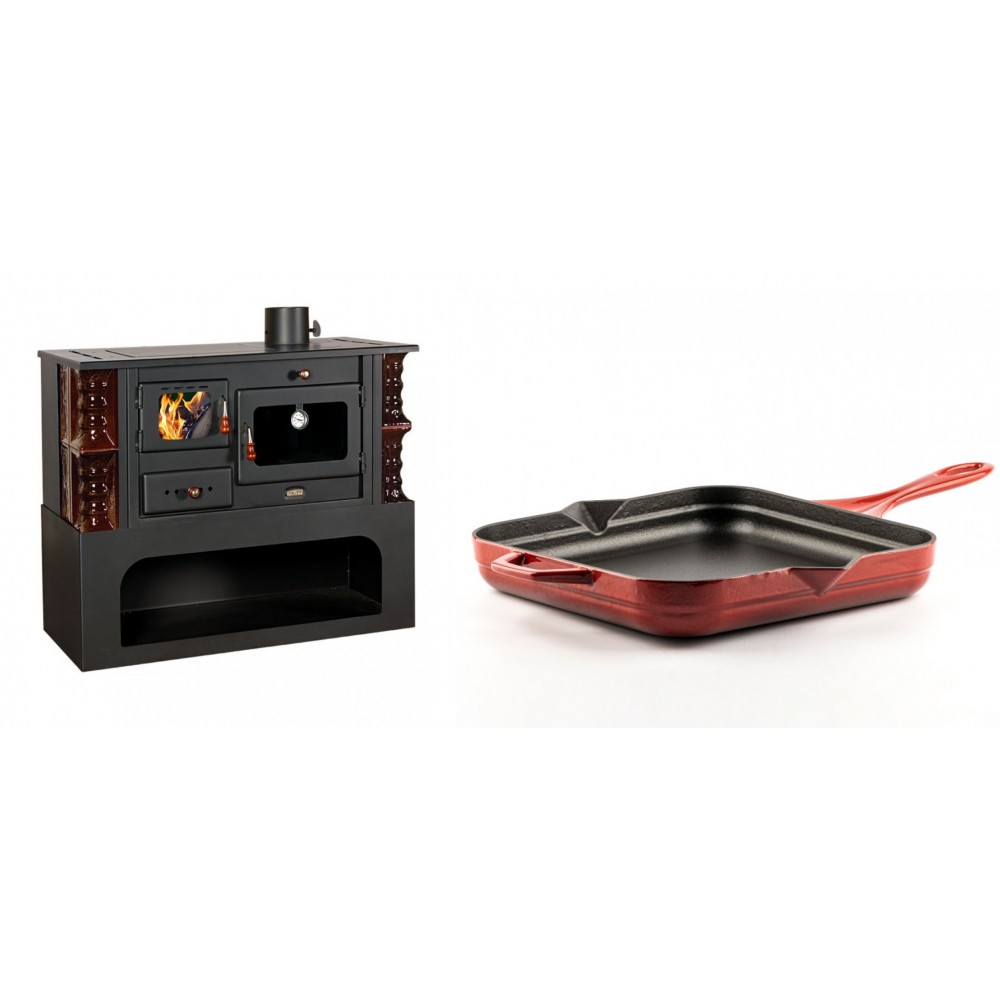 Set Küchenofen / Küchenhexe mit Backofen und Kochplatte Prity, Modell 1P34-K Maro Rechts, Keramikverkleidung, Leistung 10.1kW + Emaillierte Gusseisenpfanne Solagio, Rubin, 28x28cm