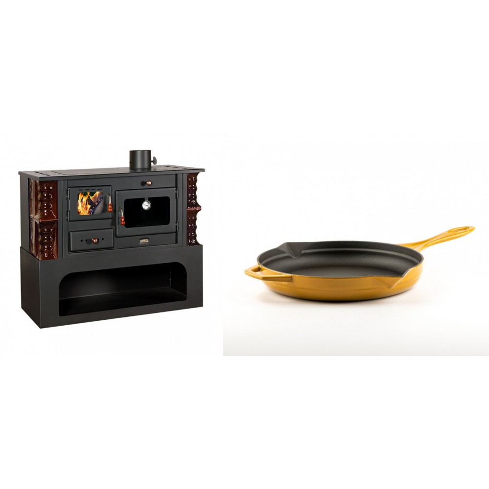 Set Küchenofen / Küchenhexe mit Backofen und Kochplatte Prity, Modell 1P34-K Maro Rechts, Keramikverkleidung, Leistung 10.1kW + Emaillierte Gusseisenpfanne Solagio, Dijon, Ф24cm | Kaminofen - Holzofen mit Backfach | Kaminofen |