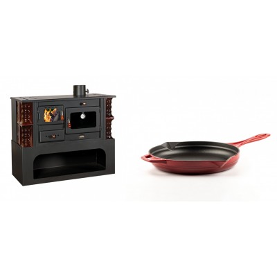 Set Küchenofen / Küchenhexe mit Backofen und Kochplatte Prity, Modell 1P34-K Maro Rechts, Keramikverkleidung, Leistung 10.1kW + Emaillierte Gusseisenpfanne Solagio, Rubin, Ф24cm - Kaminofen - Holzofen mit Backfach