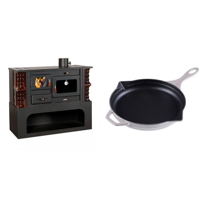 Set Küchenofen / Küchenhexe mit Backofen und Kochplatte Prity, Modell 1P34-K Maro Rechts, Keramikverkleidung, Leistung 10.1kW + Emaillierte Gusseisenpfanne Solagio, Ivory, Ф28cm - Kaminofen - Holzofen mit Backfach