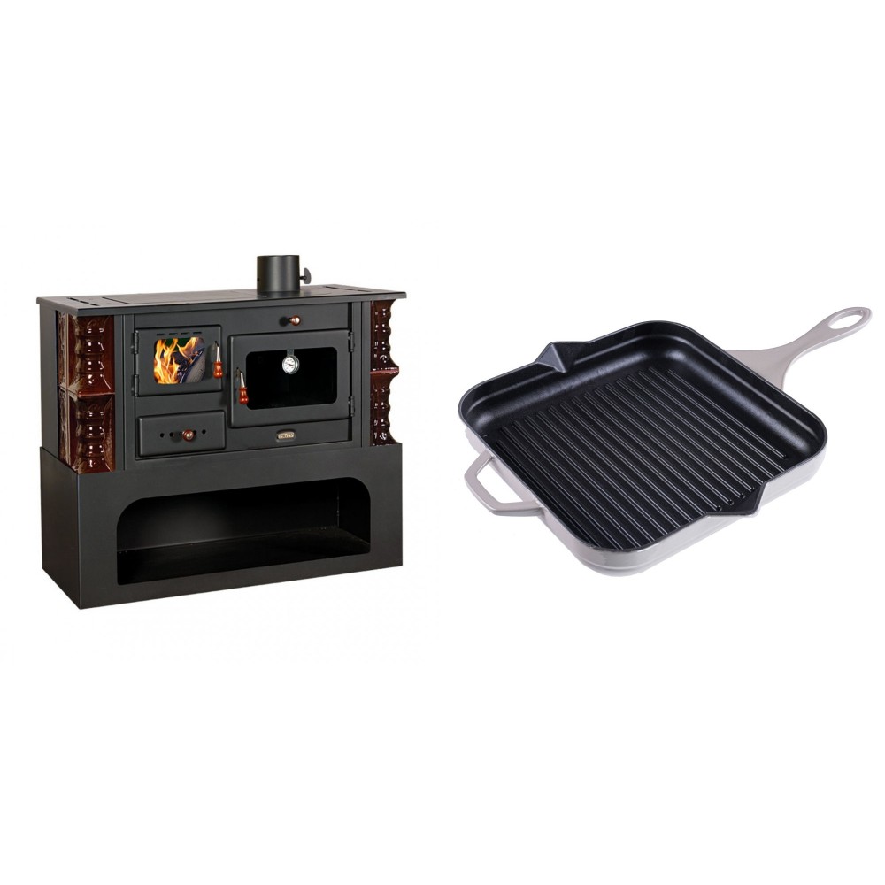 Set Küchenofen / Küchenhexe mit Backofen und Kochplatte Prity, Modell 1P34-K Maro Rechts, Keramikverkleidung, Leistung 10.1kW + Emaillierte grillpfanne Gusseisen Solagio, Ivory, 28x28cm | Kaminofen - Holzofen mit Backfach | Kaminofen |