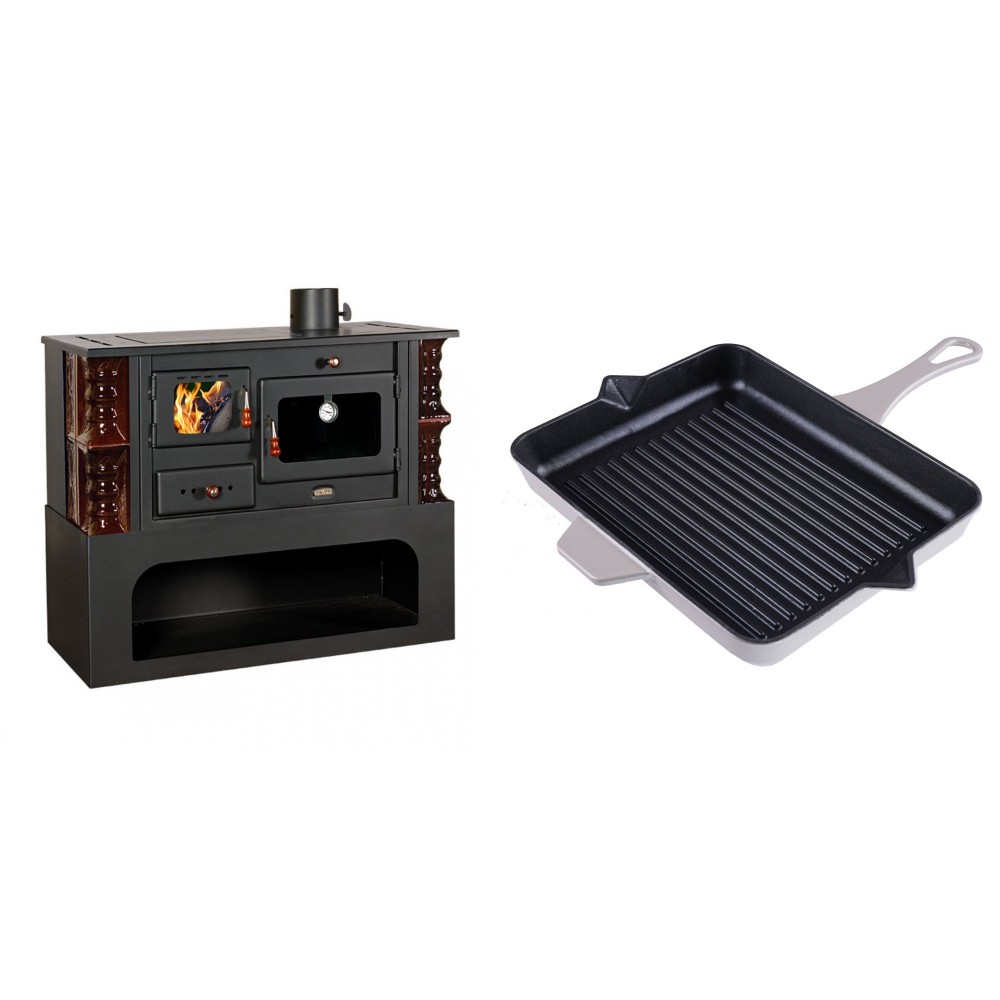 Set Küchenofen / Küchenhexe mit Backofen und Kochplatte Prity, Modell 1P34-K Maro Rechts, Keramikverkleidung, Leistung 10.1kW + Emaillierte grillpfanne Gusseisen Solagio, Ivory, 26x32cm | Kaminofen - Holzofen mit Backfach | Kaminofen |