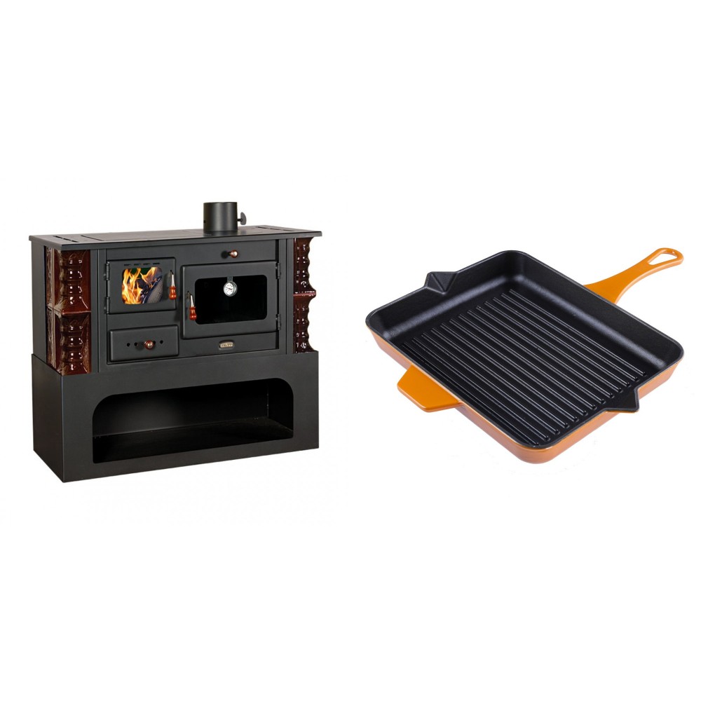 Set Küchenofen / Küchenhexe mit Backofen und Kochplatte Prity, Modell 1P34-K Maro Rechts, Keramikverkleidung, Leistung 10.1kW + Emaillierte grillpfanne Gusseisen Solagio, Dijon, 26x32cm | Kaminofen - Holzofen mit Backfach | Kaminofen |