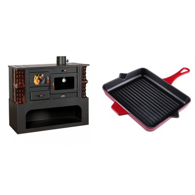 Set Küchenofen / Küchenhexe mit Backofen und Kochplatte Prity, Modell 1P34-K Maro Rechts, Keramikverkleidung, Leistung 10.1kW + Emaillierte grillpfanne Gusseisen Solagio, Rubin, 26x32cm - Kaminofen - Holzofen mit Backfach