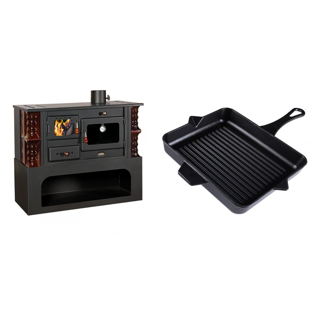 Set Küchenofen / Küchenhexe mit Backofen und Kochplatte Prity, Modell 1P34-K Maro Rechts, Keramikverkleidung, Leistung 10.1kW + Emaillierte grillpfanne Gusseisen Solagio, Black Onyx, 26x32cm | Kaminofen - Holzofen mit Backfach | Kaminofen |