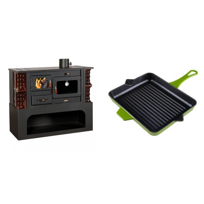 Set Küchenofen / Küchenhexe mit Backofen und Kochplatte Prity, Modell 1P34-K Maro Rechts, Keramikverkleidung, Leistung 10.1kW + Emaillierte grillpfanne Gusseisen Solagio, Bamboo, 26x32cm - Kaminofen - Holzofen mit Backfach