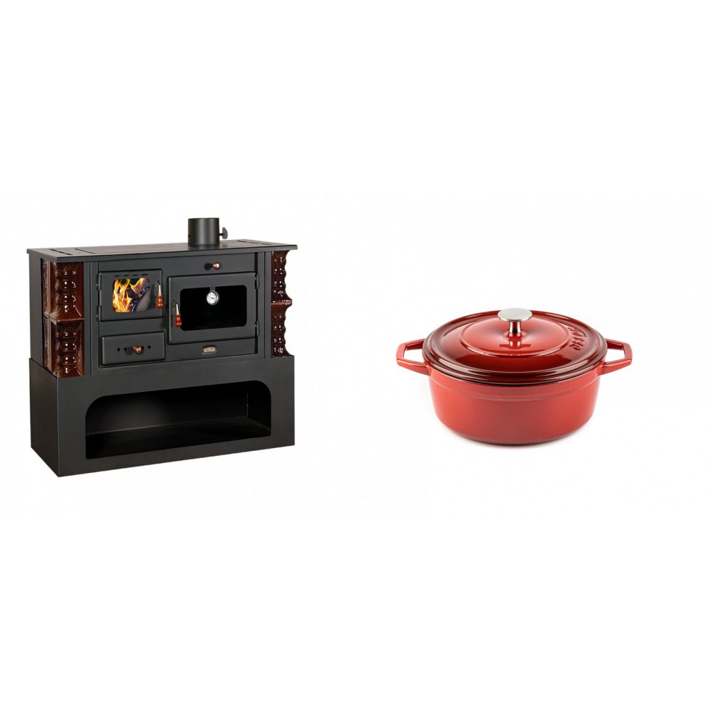 Set Küchenofen / Küchenhexe mit Backofen und Kochplatte Prity, Modell 1P34-K Maro Rechts, Keramikverkleidung, Leistung 10.1kW + Gusseisen Topf Tiefer Solagio, Rubin, Ф12