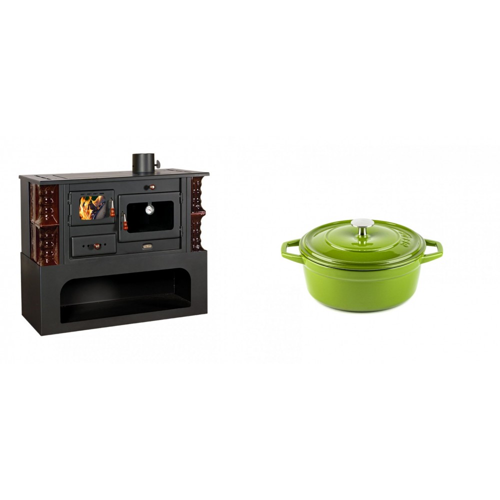 Set Küchenofen / Küchenhexe mit Backofen und Kochplatte Prity, Modell 1P34-K Maro Rechts, Keramikverkleidung, Leistung 10.1kW + Gusseisen Topf Tiefer Solagio, Bamboo, Ф12