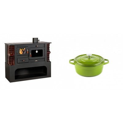 Set Küchenofen / Küchenhexe mit Backofen und Kochplatte Prity, Modell 1P34-K Maro Rechts, Keramikverkleidung, Leistung 10.1kW + Gusseisen Topf Tiefer Solagio, Bamboo, Ф12 - Kaminofen - Holzofen mit Backfach