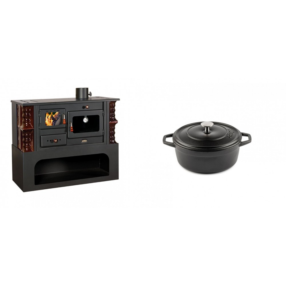 Set Küchenofen / Küchenhexe mit Backofen und Kochplatte Prity, Modell 1P34-K Maro Rechts, Keramikverkleidung, Leistung 10.1kW + Gusseisen Topf Tiefer Solagio, Black Onyx, Ф12 | Kaminofen - Holzofen mit Backfach | Kaminofen |