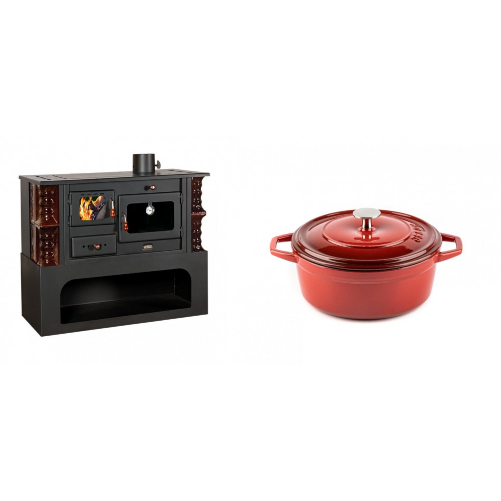 Set Küchenofen / Küchenhexe mit Backofen und Kochplatte Prity, Modell 1P34-K Maro Rechts, Keramikverkleidung, Leistung 10.1kW + Gusseisen Topf Tiefer Solagio, Rubin, Ф20