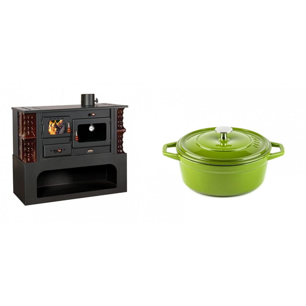 Set Küchenofen / Küchenhexe mit Backofen und Kochplatte Prity, Modell 1P34-K Maro Rechts, Keramikverkleidung, Leistung 10.1kW + Gusseisen Topf Tiefer Solagio, Bamboo, Ф20