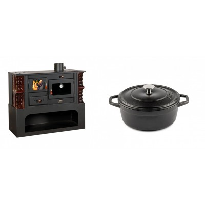 Set Küchenofen / Küchenhexe mit Backofen und Kochplatte Prity, Modell 1P34-K Maro Rechts, Keramikverkleidung, Leistung 10.1kW + Gusseisen Topf Tiefer Solagio, Black Onyx, Ф20 - Kaminofen - Holzofen mit Backfach