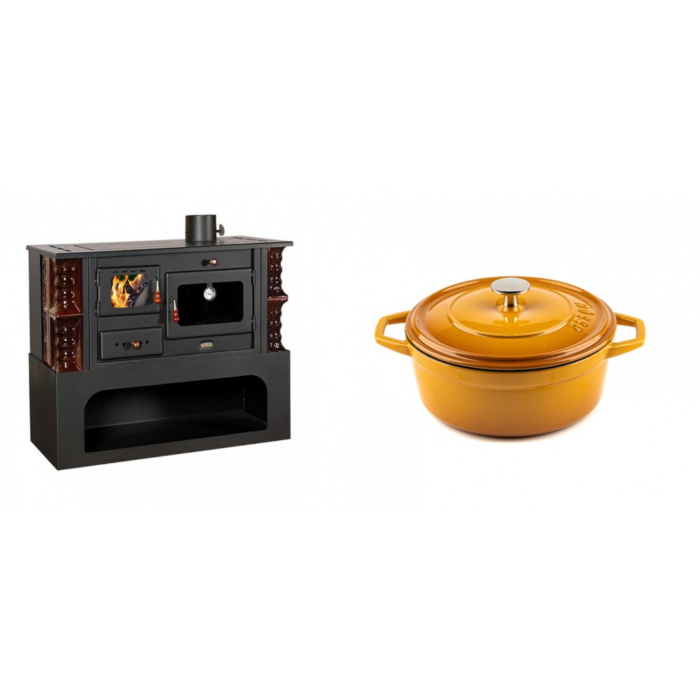 Set Küchenofen / Küchenhexe mit Backofen und Kochplatte Prity, Modell 1P34-K Maro Rechts, Keramikverkleidung, Leistung 10.1kW + Gusseisen Topf Tiefer Solagio, Dijon, Ф20